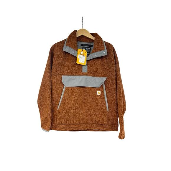 Carhartt Women’s Small Brown Orange Relaxed Fit Fleece Pullover Sherpa Snap T - Picture 1 of 8